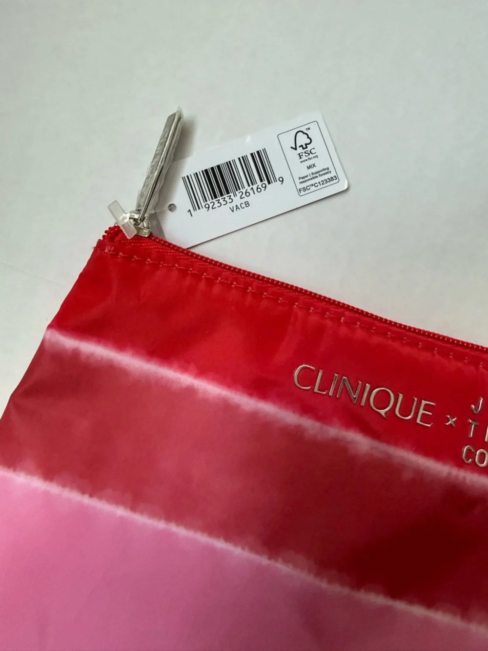 Clinique x Jonathan Cohen Zip Top Cosmetic Bag Red to Pink Ombre Striped